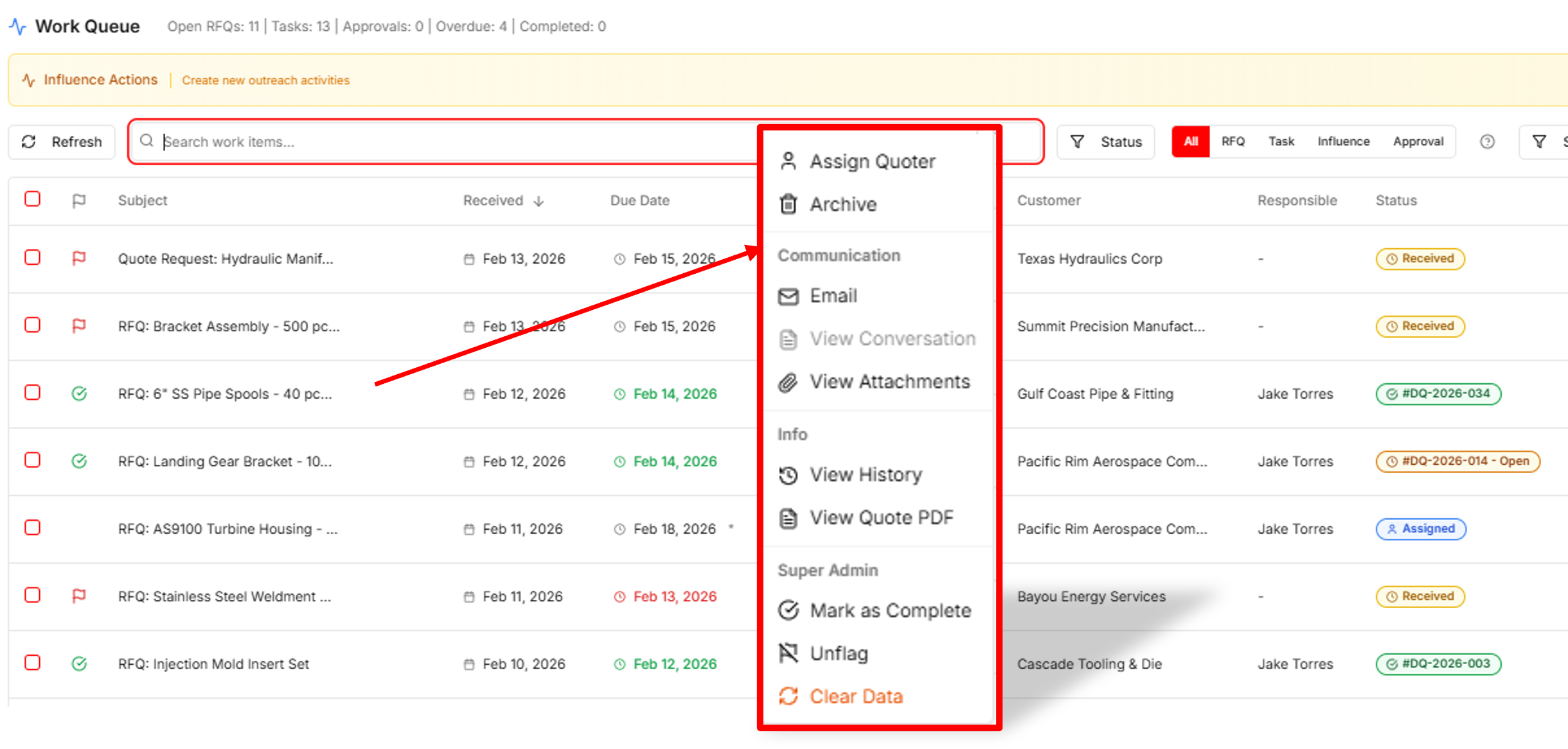 SalesV2 Work Queue showing RFQs, Quotes, Tasks, and Approvals in one unified view