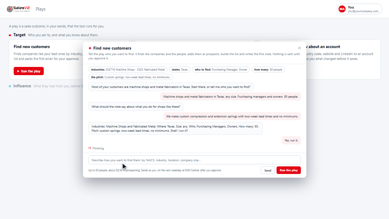 Find new customers: mock-up of the play in SalesV2 CRM