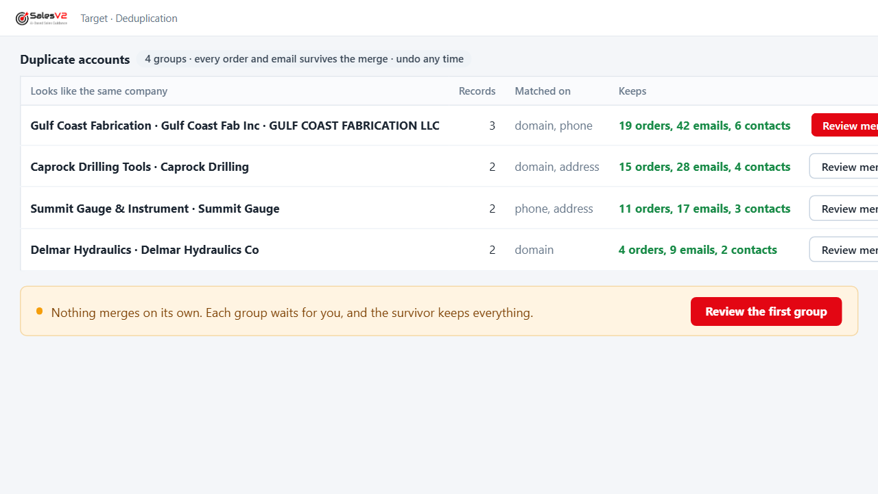 Merge my duplicate accounts and contacts: mock-up of the play in SalesV2 CRM