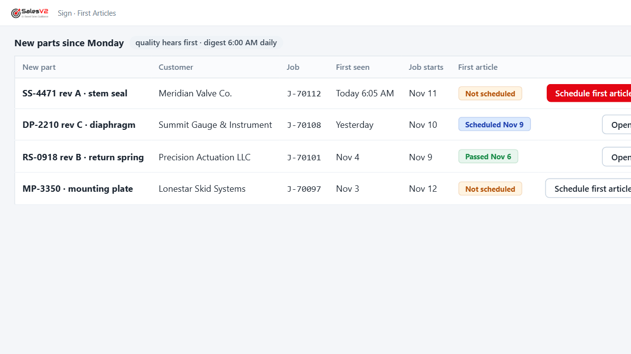 Get new parts in front of QC first: mock-up of the play in SalesV2 CRM