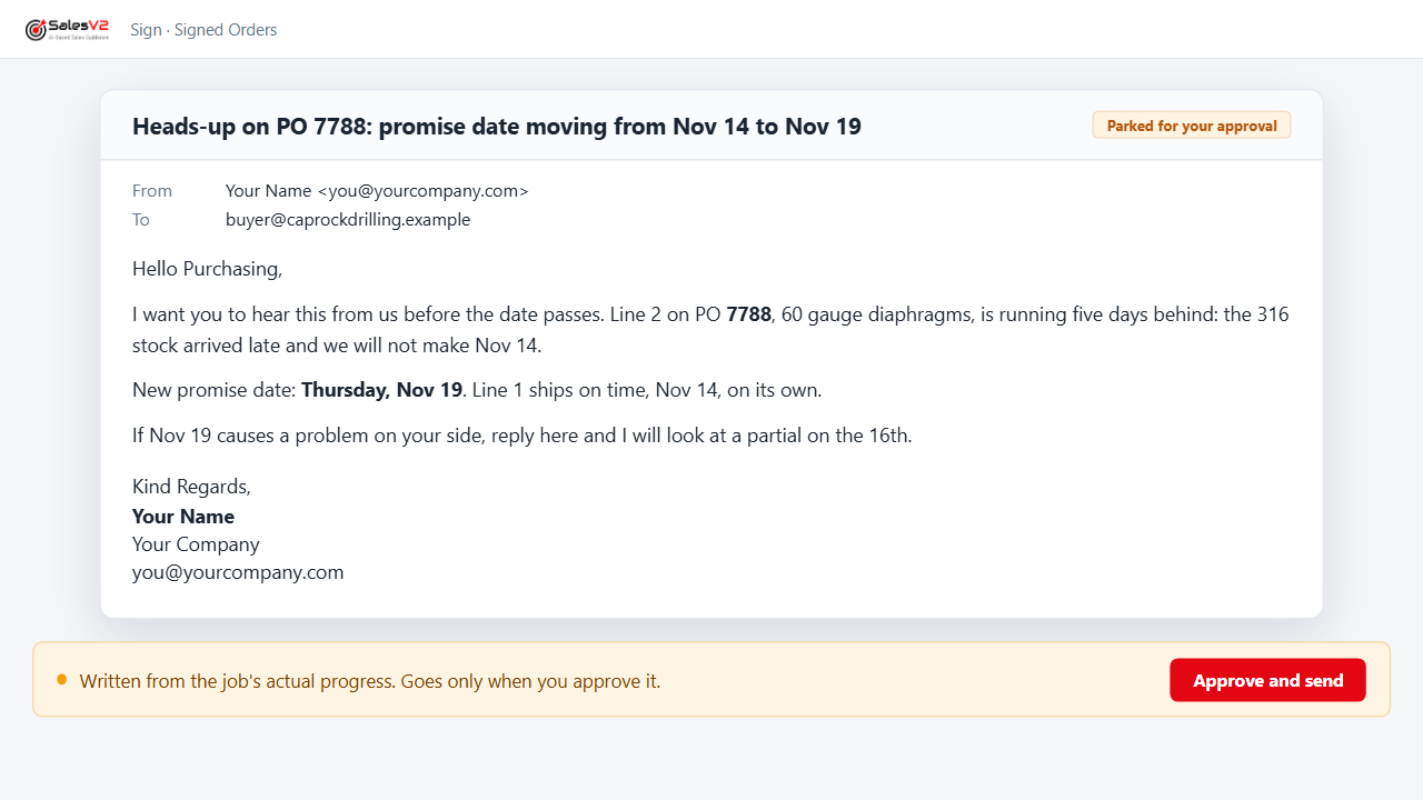 Warn purchasing before a promise date slips: mock-up of the play in SalesV2 CRM