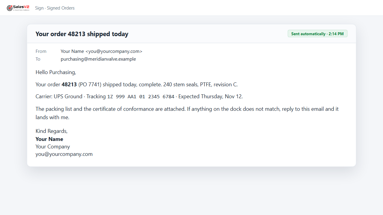 Tell the customer when it ships: mock-up of the play in SalesV2 CRM