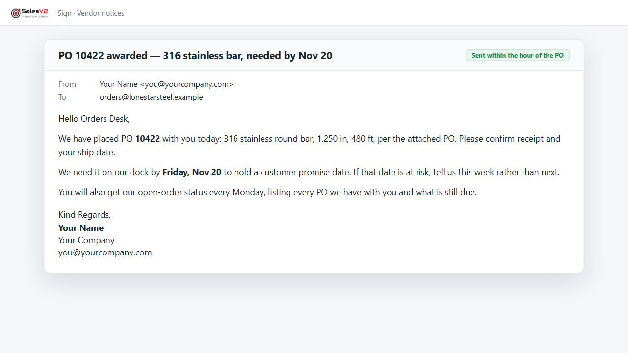 Tell vendors what we need from them: mock-up of the play in SalesV2 CRM