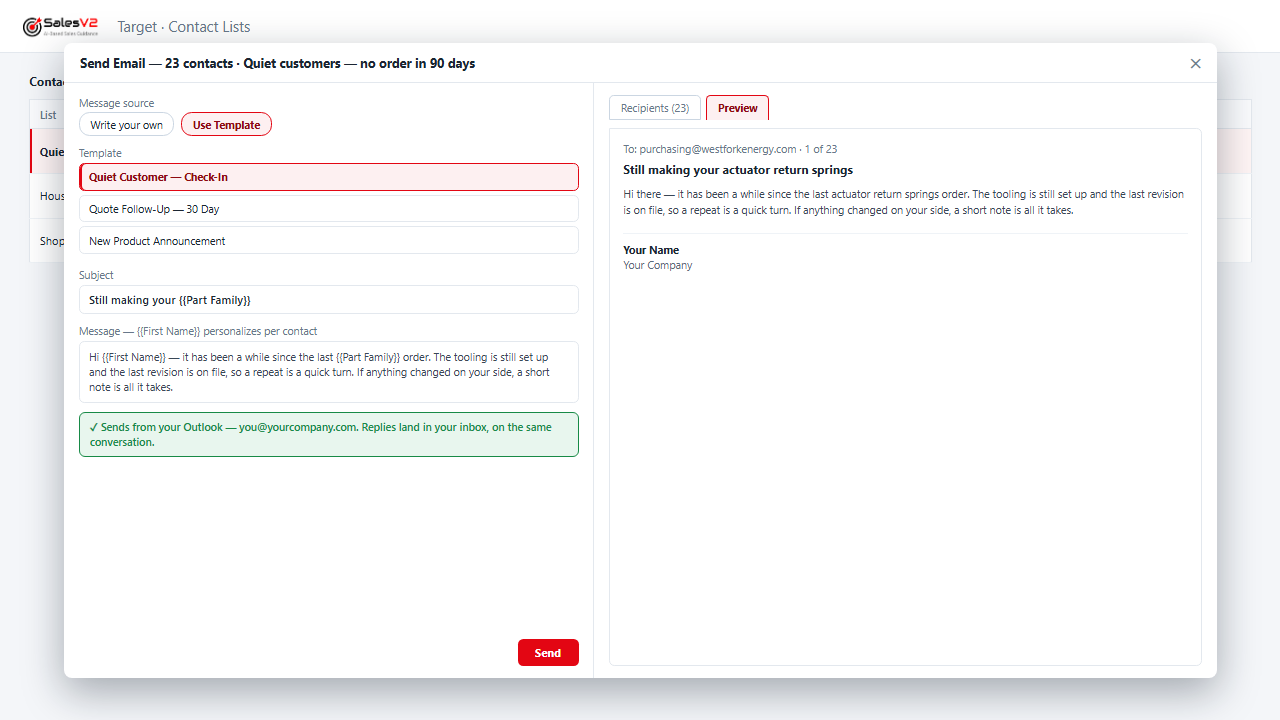 Win back the quiet ones: mock-up of the play in SalesV2 CRM