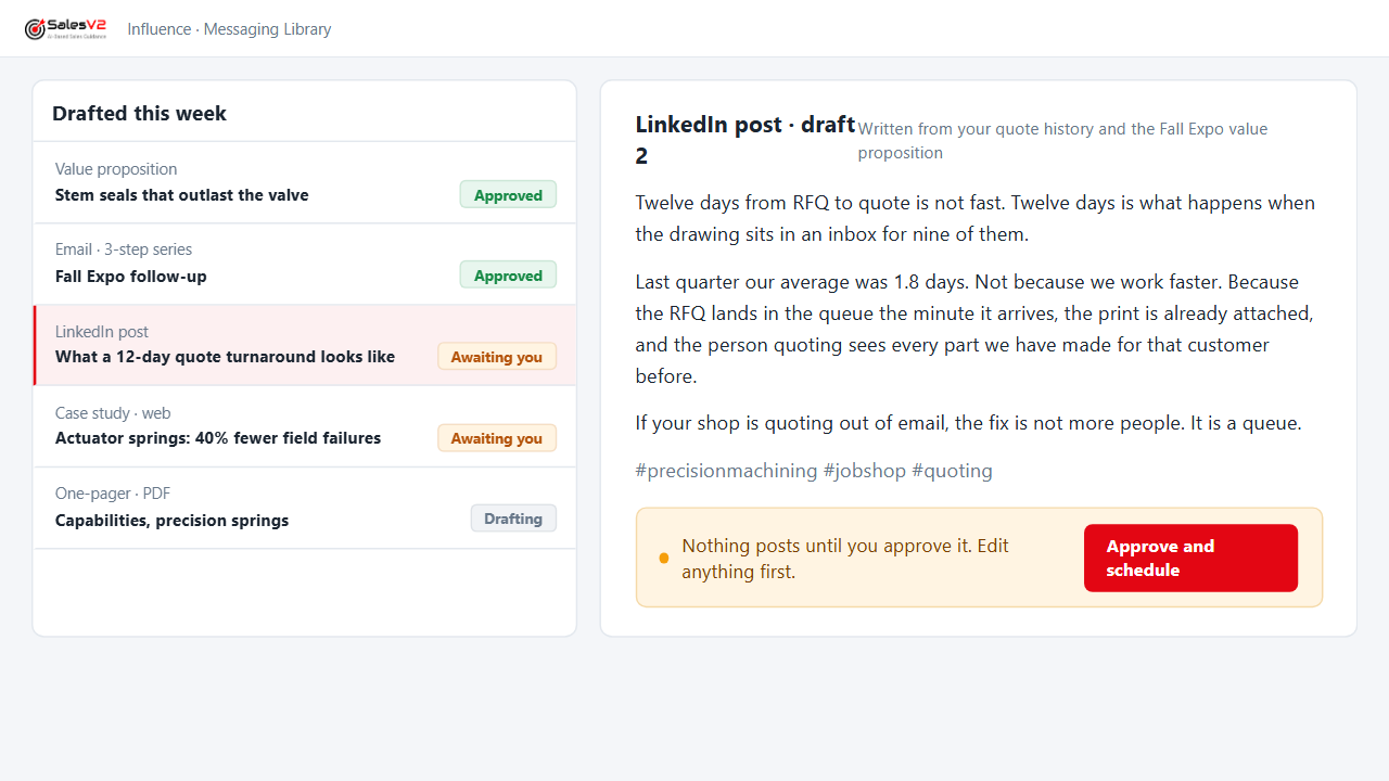 Write the emails, posts and case studies: mock-up of the play in SalesV2 CRM